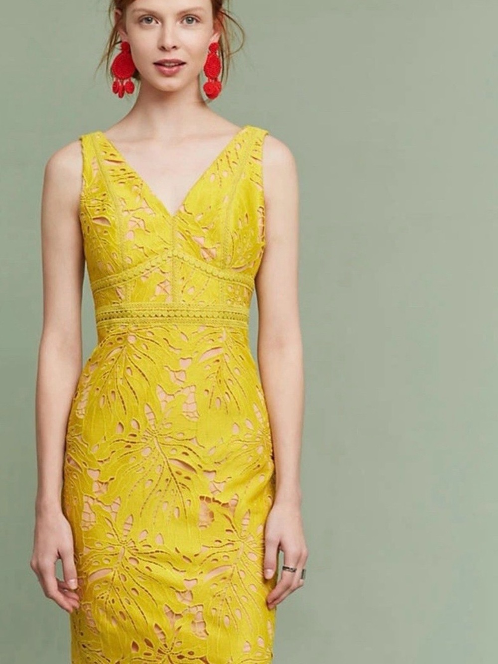 Maeve Yellow Lace V-Neck Midi Dress